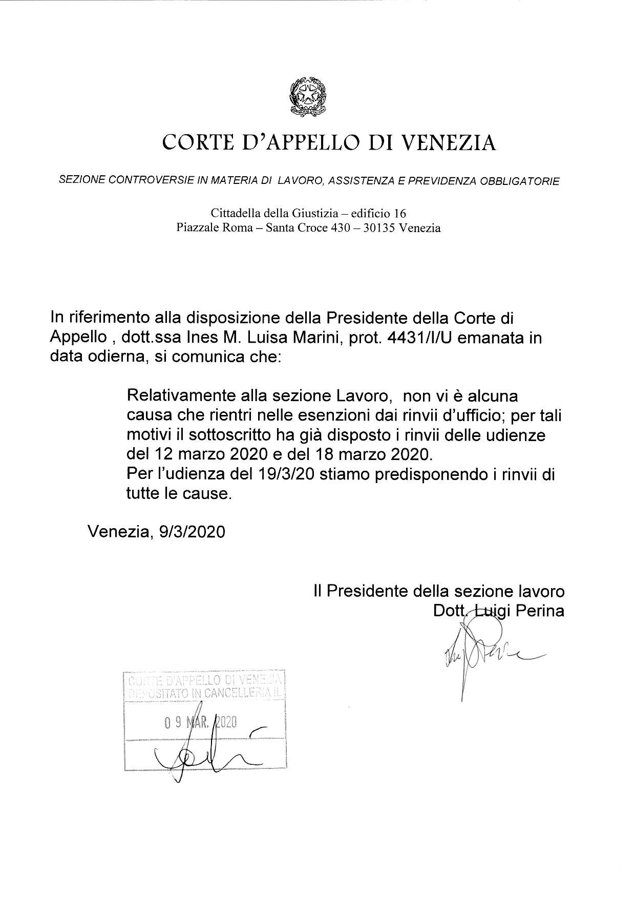 Comunicato Presidente Sezione Lavoro Corte d'Appello 9.03.2020